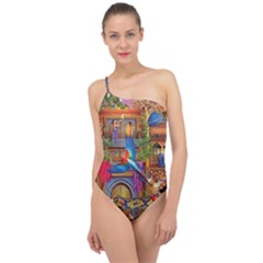 Arabian Street Art Colorful Peacock Tiger Man Parrot Horse Dancer Fantasy Classic One Shoulder Swimsuit