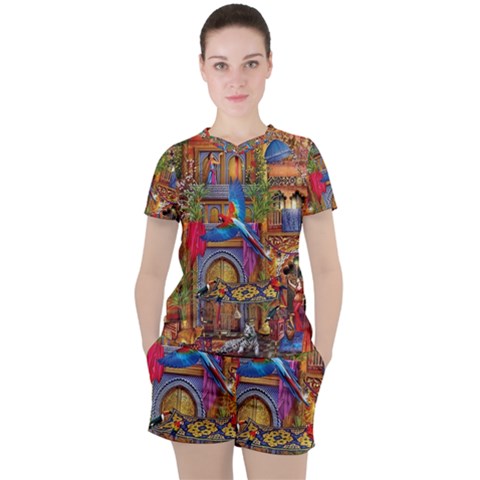 Arabian Street Art Colorful Peacock Tiger Man Parrot Horse Dancer Fantasy Women s T-shirt And Shorts Set by Cemarart