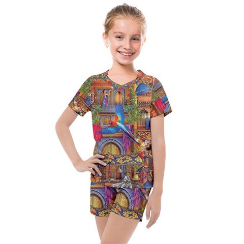 Arabian Street Art Colorful Peacock Tiger Man Parrot Horse Dancer Fantasy Kids  Mesh T-shirt And Shorts Set by Cemarart