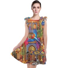 Arabian Street Art Colorful Peacock Tiger Man Parrot Horse Dancer Fantasy Tie Up Tunic Dress by Cemarart