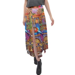 Arabian Street Art Colorful Peacock Tiger Man Parrot Horse Dancer Fantasy Velour Split Maxi Skirt by Cemarart