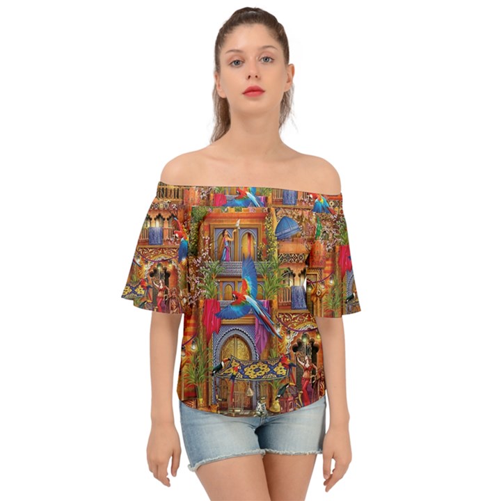 Arabian Street Art Colorful Peacock Tiger Man Parrot Horse Dancer Fantasy Off Shoulder Short Sleeve Top