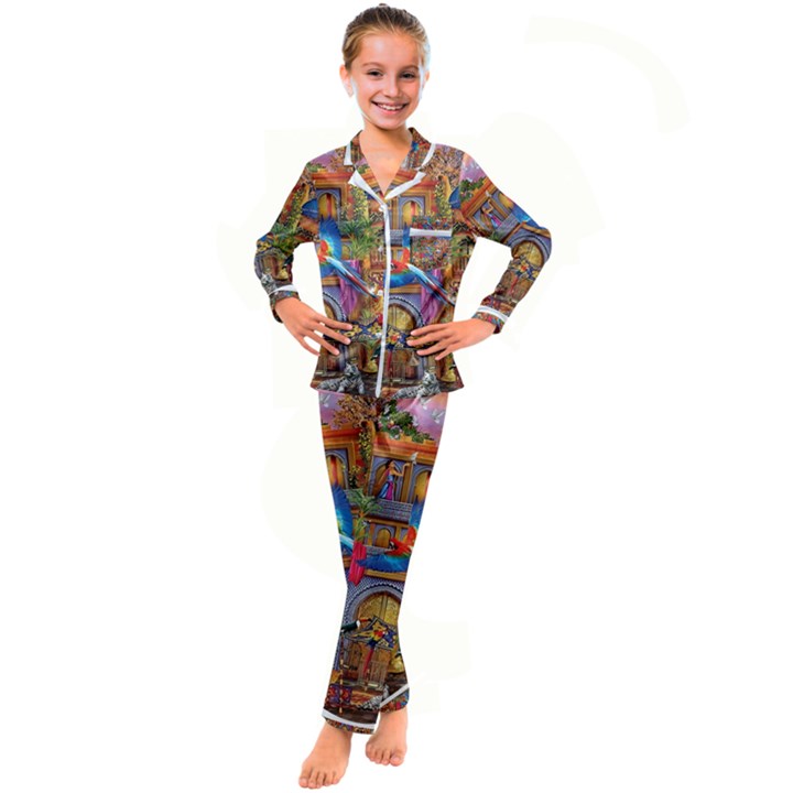 Arabian Street Art Colorful Peacock Tiger Man Parrot Horse Dancer Fantasy Kids  Satin Long Sleeve Pajamas Set