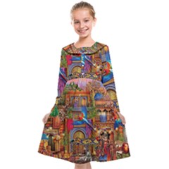 Arabian Street Art Colorful Peacock Tiger Man Parrot Horse Dancer Fantasy Kids  Midi Sailor Dress by Cemarart