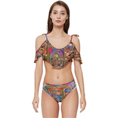 Arabian Street Art Colorful Peacock Tiger Man Parrot Horse Dancer Fantasy Ruffle Edge Tie Up Bikini Set	 by Cemarart