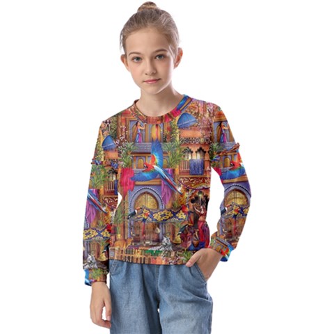 Arabian Street Art Colorful Peacock Tiger Man Parrot Horse Dancer Fantasy Kids  Long Sleeve T-shirt With Frill  by Cemarart