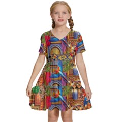 Arabian Street Art Colorful Peacock Tiger Man Parrot Horse Dancer Fantasy Kids  Short Sleeve Tiered Mini Dress by Cemarart