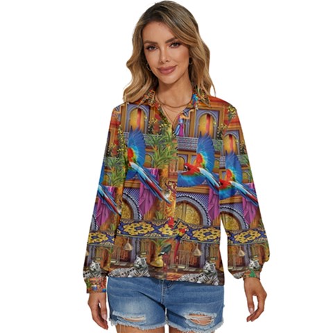 Arabian Street Art Colorful Peacock Tiger Man Parrot Horse Dancer Fantasy Women s Long Sleeve Button Up Shirt by Cemarart