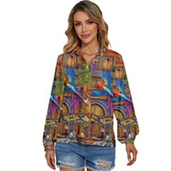 Arabian Street Art Colorful Peacock Tiger Man Parrot Horse Dancer Fantasy Women s Long Sleeve Button Up Shirt