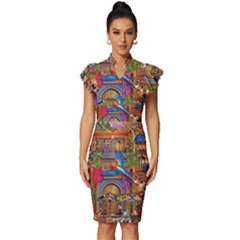 Arabian Street Art Colorful Peacock Tiger Man Parrot Horse Dancer Fantasy Vintage Frill Sleeve V-neck Bodycon Dress by Cemarart