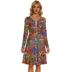 Arabian Street Art Colorful Peacock Tiger Man Parrot Horse Dancer Fantasy Long Sleeve Dress With Pocket by Cemarart