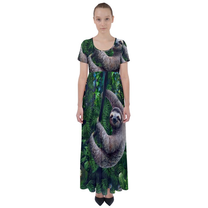 Sloth In Jungle Art Animal Fantasy High Waist Short Sleeve Maxi Dress