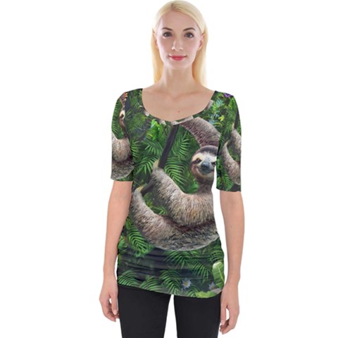 Sloth In Jungle Art Animal Fantasy Wide Neckline T-shirt by Cemarart