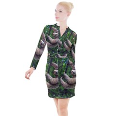 Sloth In Jungle Art Animal Fantasy Button Long Sleeve Dress by Cemarart