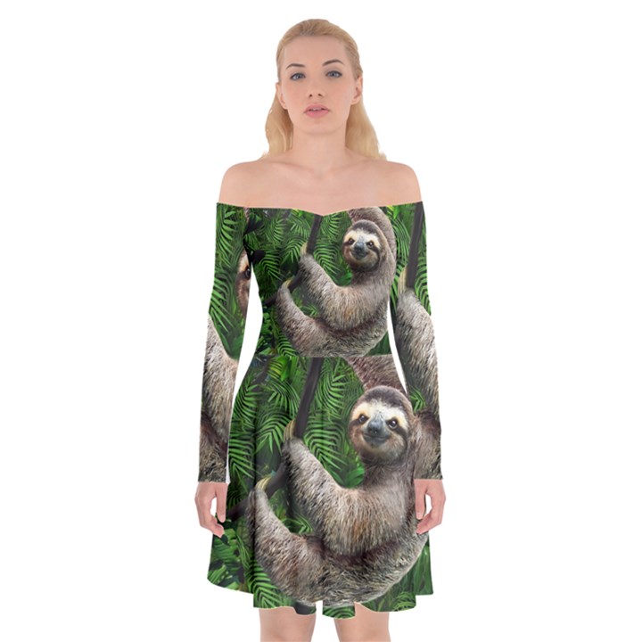 Sloth In Jungle Art Animal Fantasy Off Shoulder Skater Dress