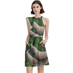 Sloth In Jungle Art Animal Fantasy Cocktail Party Halter Sleeveless Dress With Pockets by Cemarart