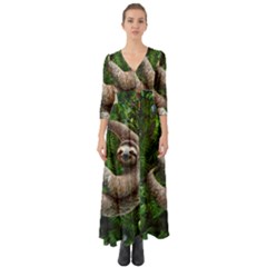 Sloth In Jungle Art Animal Fantasy Button Up Boho Maxi Dress by Cemarart