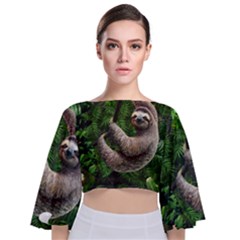 Sloth In Jungle Art Animal Fantasy Tie Back Butterfly Sleeve Chiffon Top by Cemarart