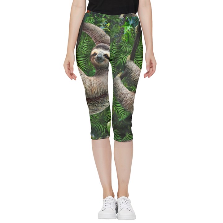 Sloth In Jungle Art Animal Fantasy Inside Out Lightweight Velour Capri Leggings 