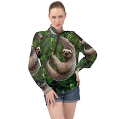 Sloth In Jungle Art Animal Fantasy High Neck Long Sleeve Chiffon Top by Cemarart