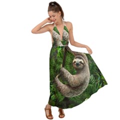 Sloth In Jungle Art Animal Fantasy Backless Maxi Beach Dress by Cemarart