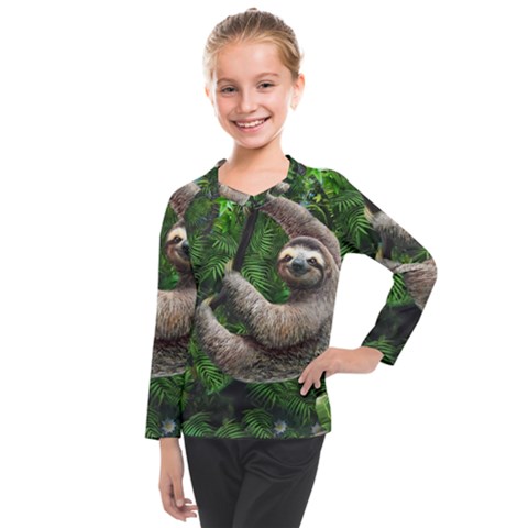 Sloth In Jungle Art Animal Fantasy Kids  Long Mesh T-shirt by Cemarart