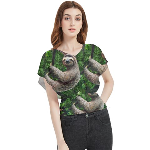 Sloth In Jungle Art Animal Fantasy Butterfly Chiffon Blouse by Cemarart