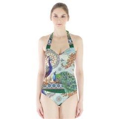 Royal Peacock Feather Art Fantasy Halter Swimsuit by Cemarart