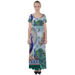 Royal Peacock Feather Art Fantasy High Waist Short Sleeve Maxi Dress by Cemarart