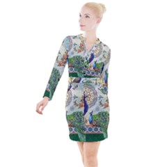 Royal Peacock Feather Art Fantasy Button Long Sleeve Dress by Cemarart