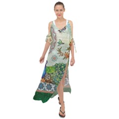 Royal Peacock Feather Art Fantasy Maxi Chiffon Cover Up Dress by Cemarart