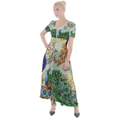 Royal Peacock Feather Art Fantasy Button Up Short Sleeve Maxi Dress by Cemarart