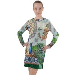 Royal Peacock Feather Art Fantasy Long Sleeve Hoodie Dress by Cemarart