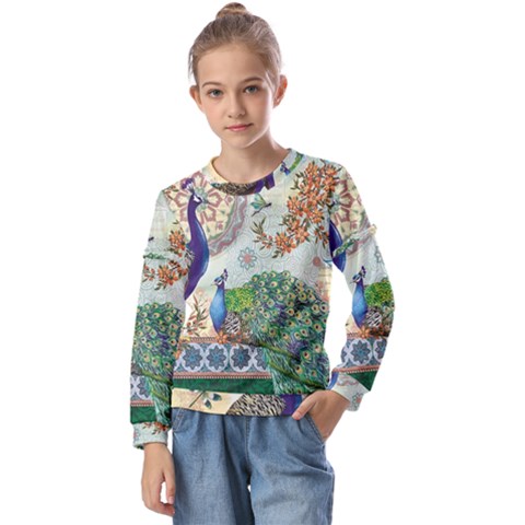 Royal Peacock Feather Art Fantasy Kids  Long Sleeve T-shirt With Frill  by Cemarart