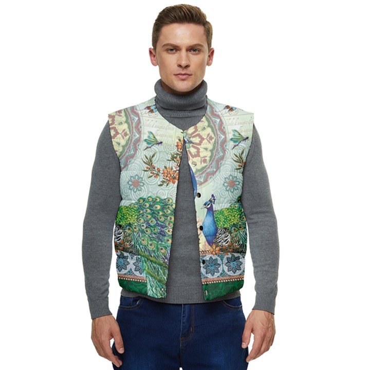 Royal Peacock Feather Art Fantasy Men s Button Up Puffer Vest	