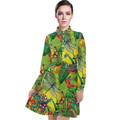 The Chameleon Colorful Mushroom Jungle Flower Insect Summer Dragonfly Long Sleeve Chiffon Shirt Dress by Cemarart