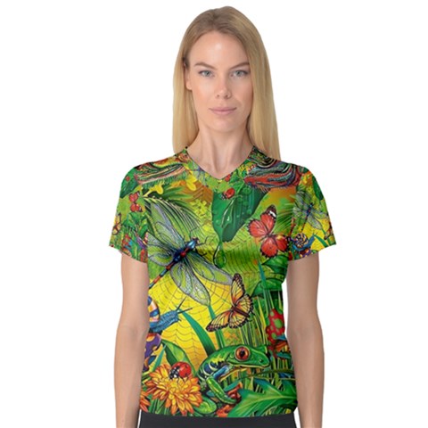 The Chameleon Colorful Mushroom Jungle Flower Insect Summer Dragonfly V-neck Sport Mesh T-shirt by Cemarart