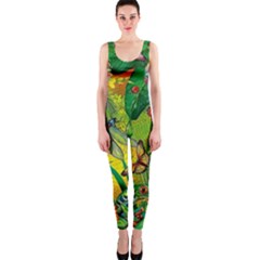 The Chameleon Colorful Mushroom Jungle Flower Insect Summer Dragonfly One Piece Catsuit by Cemarart