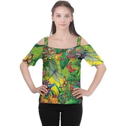 The Chameleon Colorful Mushroom Jungle Flower Insect Summer Dragonfly Cutout Shoulder T-shirt by Cemarart