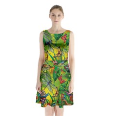 The Chameleon Colorful Mushroom Jungle Flower Insect Summer Dragonfly Sleeveless Waist Tie Chiffon Dress by Cemarart