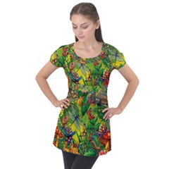 The Chameleon Colorful Mushroom Jungle Flower Insect Summer Dragonfly Puff Sleeve Tunic Top by Cemarart