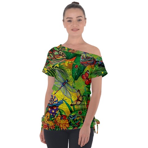 The Chameleon Colorful Mushroom Jungle Flower Insect Summer Dragonfly Off Shoulder Tie-up T-shirt by Cemarart