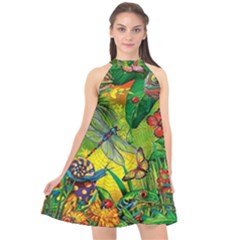 The Chameleon Colorful Mushroom Jungle Flower Insect Summer Dragonfly Halter Neckline Chiffon Dress  by Cemarart