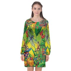 The Chameleon Colorful Mushroom Jungle Flower Insect Summer Dragonfly Long Sleeve Chiffon Shift Dress  by Cemarart