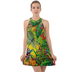 The Chameleon Colorful Mushroom Jungle Flower Insect Summer Dragonfly Halter Tie Back Chiffon Dress by Cemarart