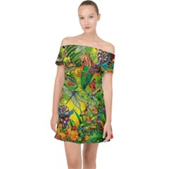 The Chameleon Colorful Mushroom Jungle Flower Insect Summer Dragonfly Off Shoulder Chiffon Dress by Cemarart