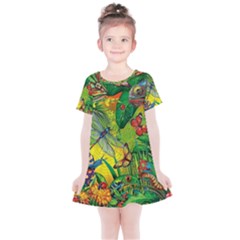 The Chameleon Colorful Mushroom Jungle Flower Insect Summer Dragonfly Kids  Simple Cotton Dress by Cemarart