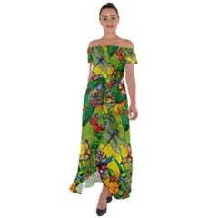 The Chameleon Colorful Mushroom Jungle Flower Insect Summer Dragonfly Off Shoulder Open Front Chiffon Dress by Cemarart