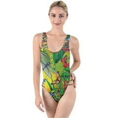 The Chameleon Colorful Mushroom Jungle Flower Insect Summer Dragonfly High Leg Strappy Swimsuit by Cemarart