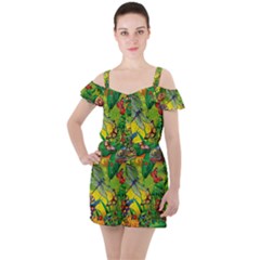 The Chameleon Colorful Mushroom Jungle Flower Insect Summer Dragonfly Ruffle Cut Out Chiffon Playsuit by Cemarart